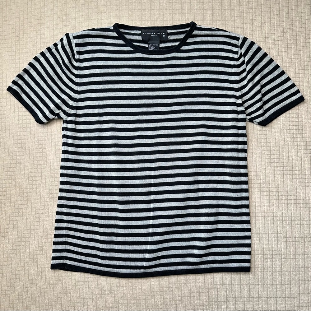 August Silk 100% Silk Womens Knit Top Short Sleeve Black Tan Stripes Size S